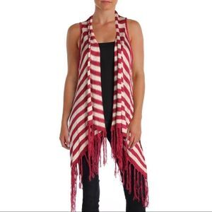 Western Red Ivory Striped Open Front High Low Fringe Tassel Trim Knit Vest NEW